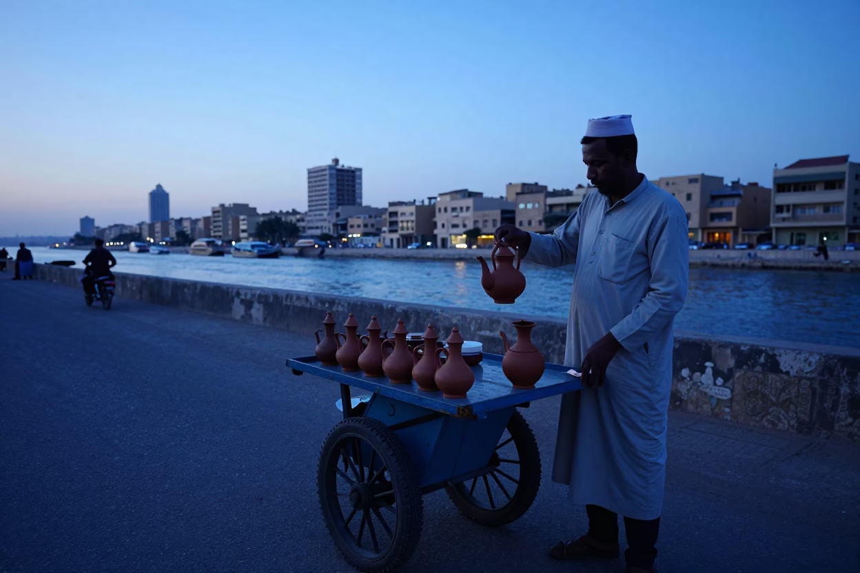 Alexandria Egypt street scene before sunrise with clay teapot and hand broom in in Alexandria, Egypt