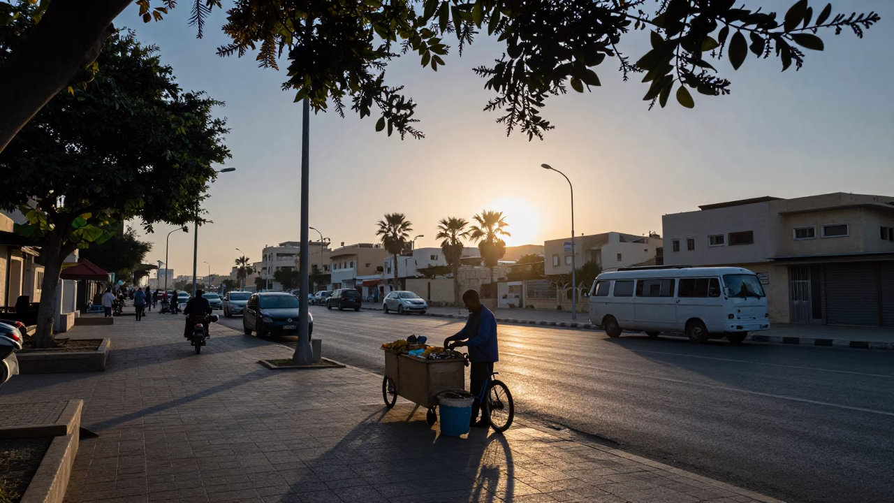 Alexandria Egypt Street Scene Before Sunrise with Leaf Shadows and Local Market Activity in in Alexandria, Egypt