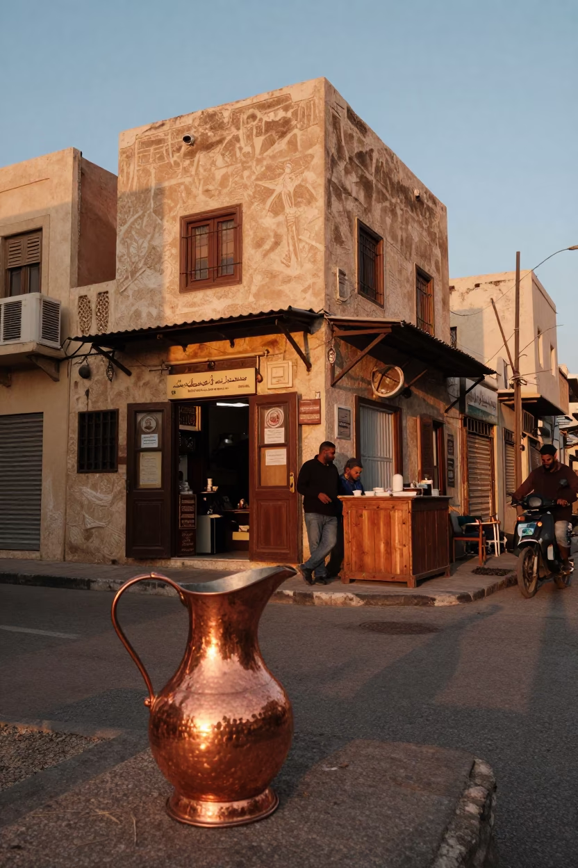 Alexandria Egypt Street Scene Copper Dusk Light Enamel Pitcher and Hand Tool in in Alexandria, Egypt