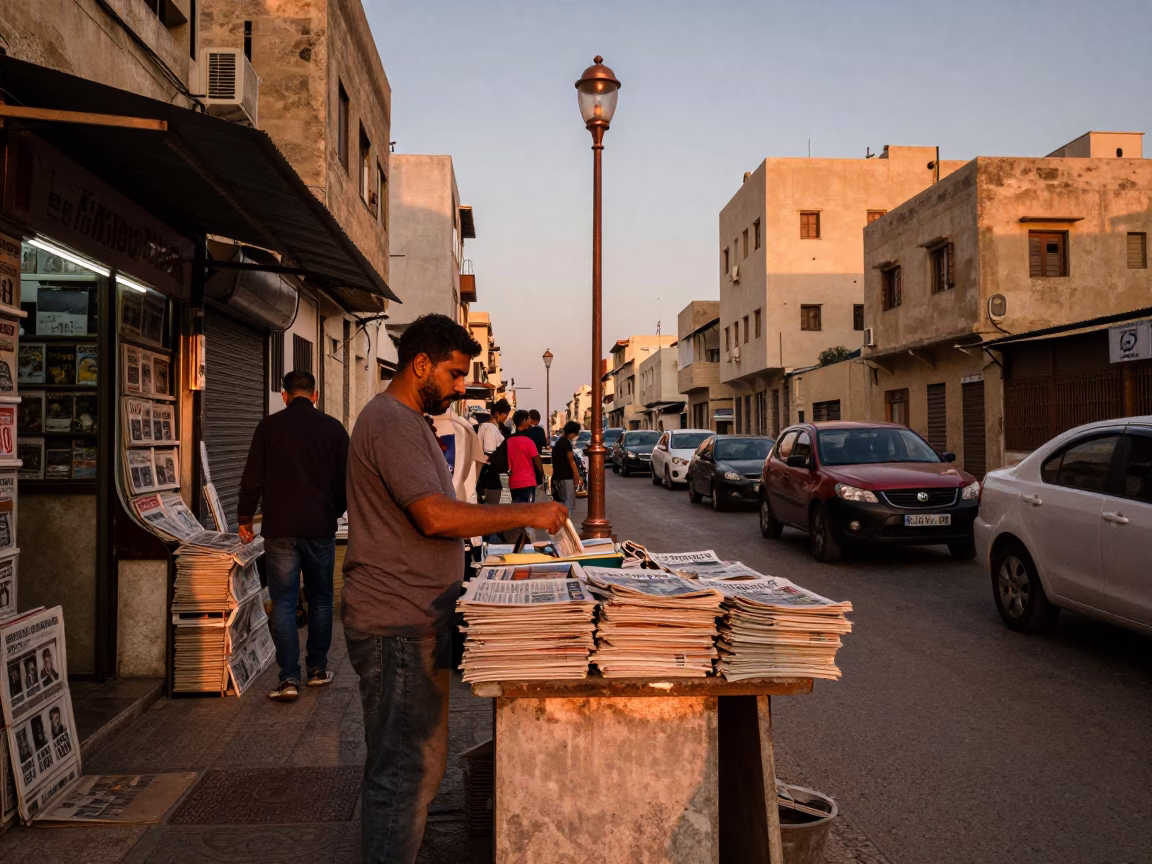 Alexandria Egypt Street Scene Copper Light Before Dusk with Newspaper Stack in in Alexandria, Egypt