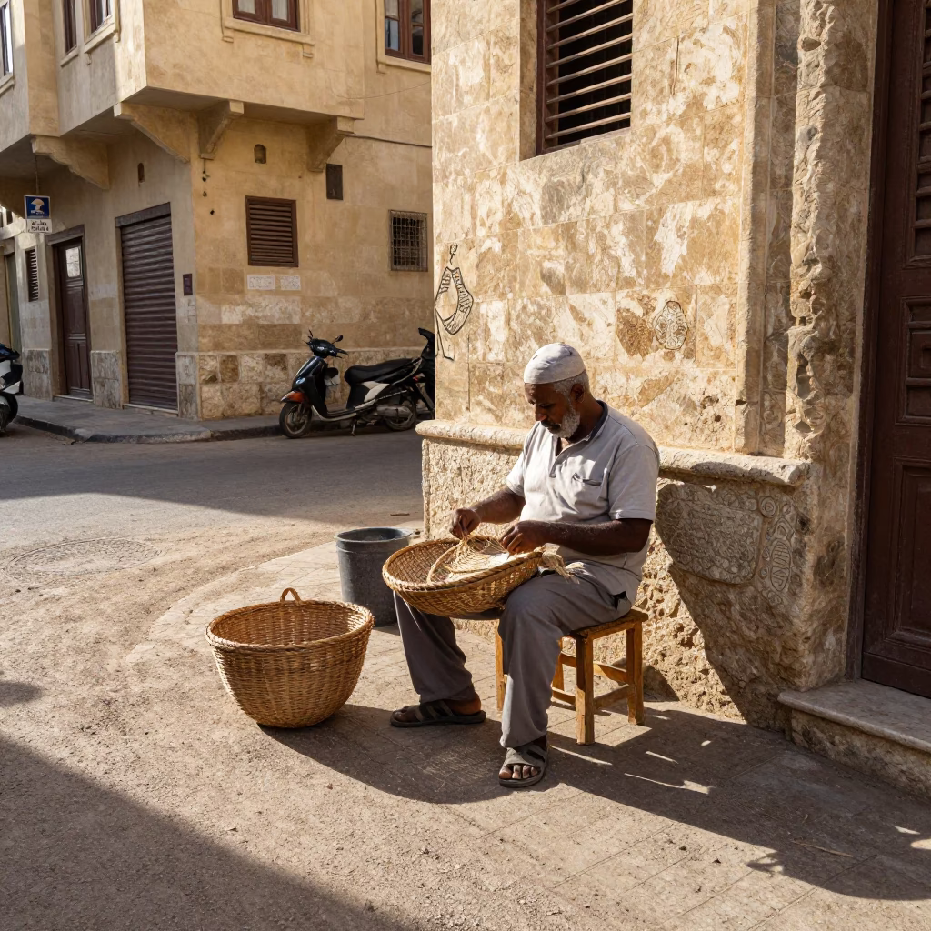 Alexandria Egypt Street Scene Early Afternoon with Mending Basket and Clear Glass Wall in in Alexandria, Egypt
