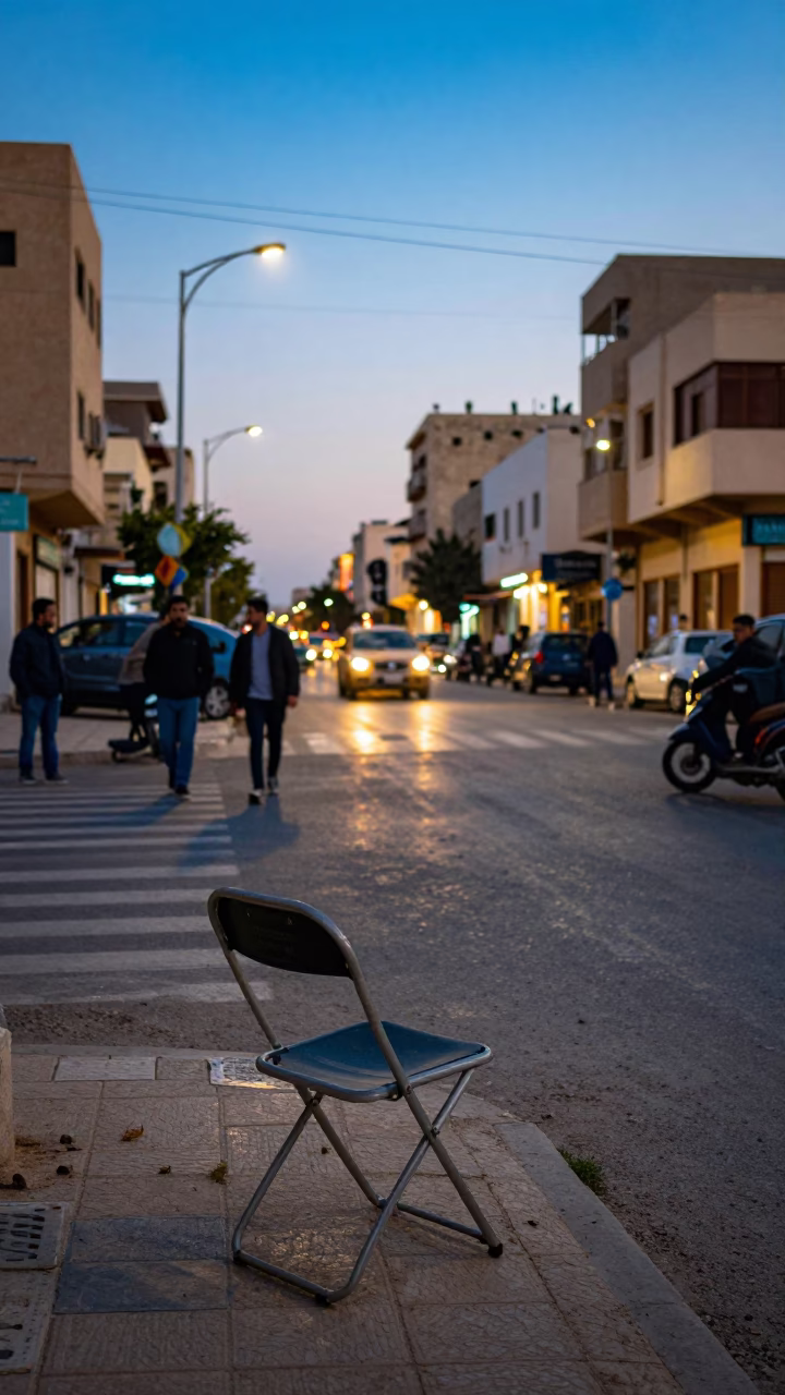 Alexandria Egypt street scene early evening with folding chair and bustling traffic in in Alexandria, Egypt