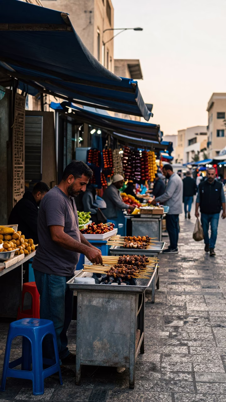 Alexandria Egypt Street Scene Just After Sunrise with Local Market Details in in Alexandria, Egypt