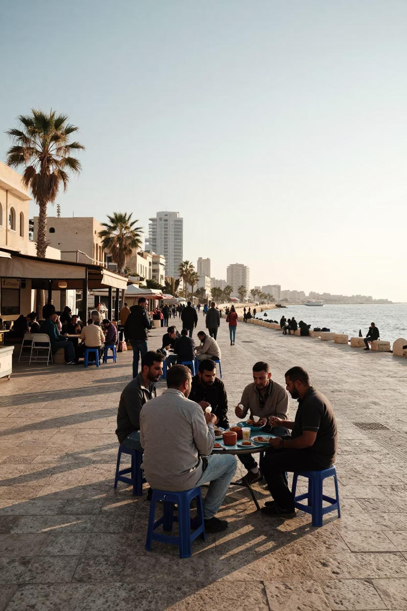 Alexandria Egypt street scene just after sunrise with locals sharing a meal in in Alexandria, Egypt