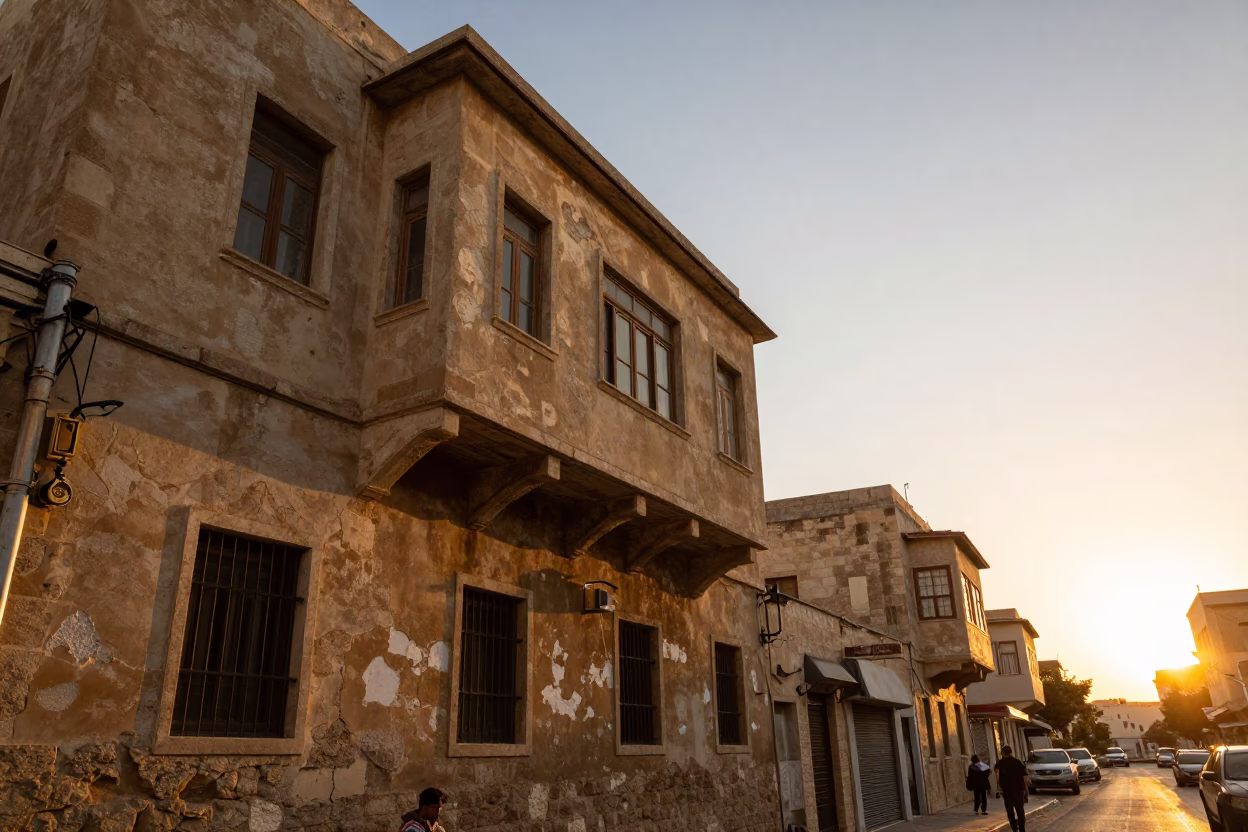 Alexandria Egypt Street Scene Late Afternoon Sunlight on Old Building Facade and Local Life in in Alexandria, Egypt