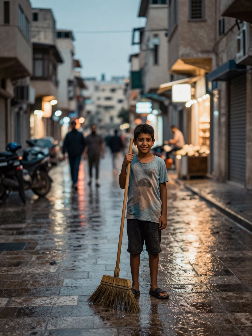 Alexandria Egypt street scene with boy holding broom near wet flagstones at dusk in in Alexandria, Egypt
