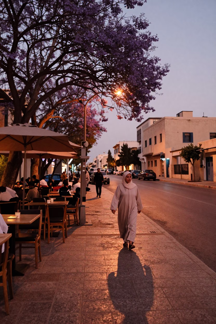 Alexandria Egypt street scene with copper dusk light and jacaranda tree in in Alexandria, Egypt