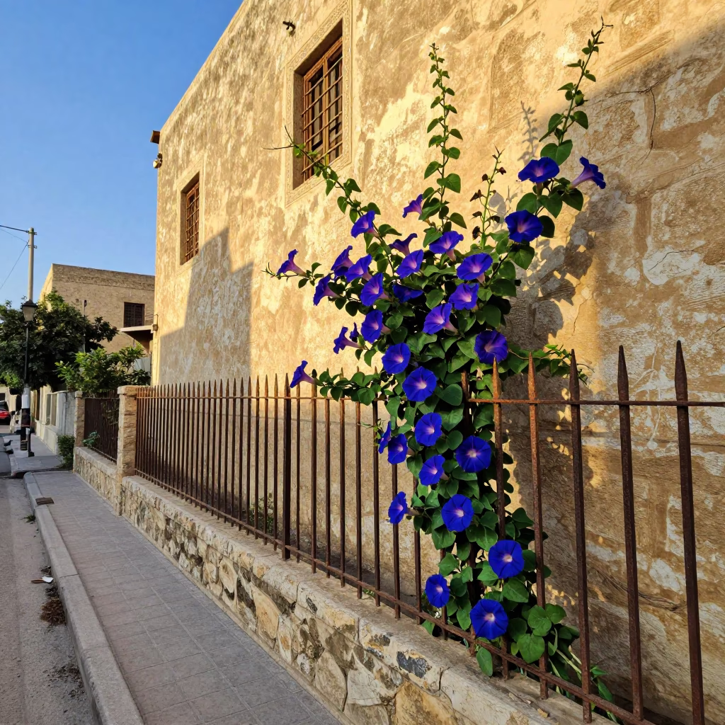 Alexandria Egypt street scene with morning glory climbing fence in late afternoon light in in Alexandria, Egypt