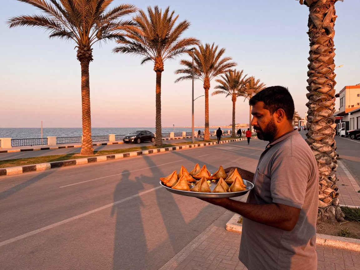 Alexandria Egypt Street Scene with Sambusa Tray and Palm Trees in Copper Dusk Light in in Alexandria, Egypt