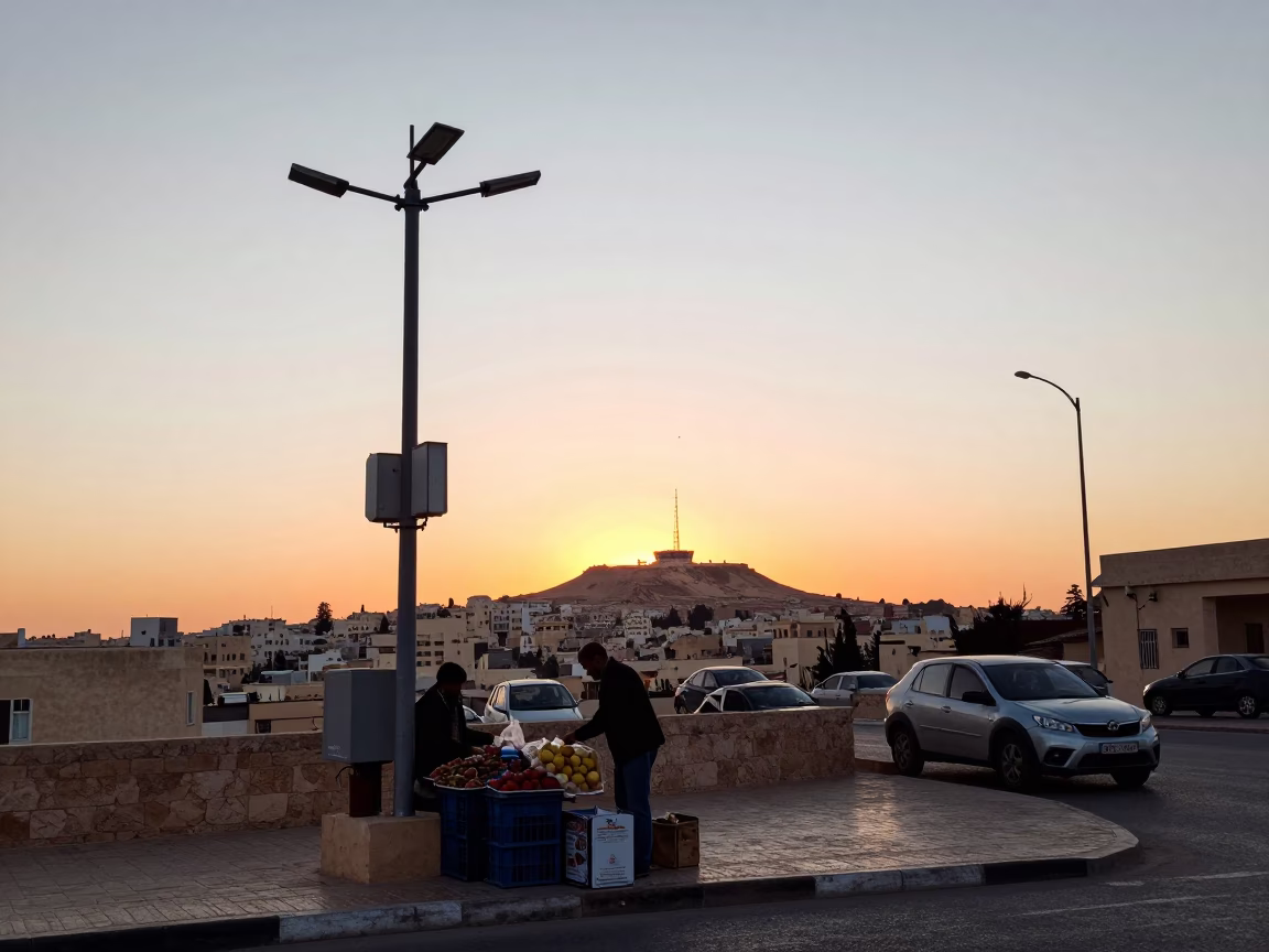 Alexandria Egypt street scene with weather station on mountaintop at sunset in in Alexandria, Egypt