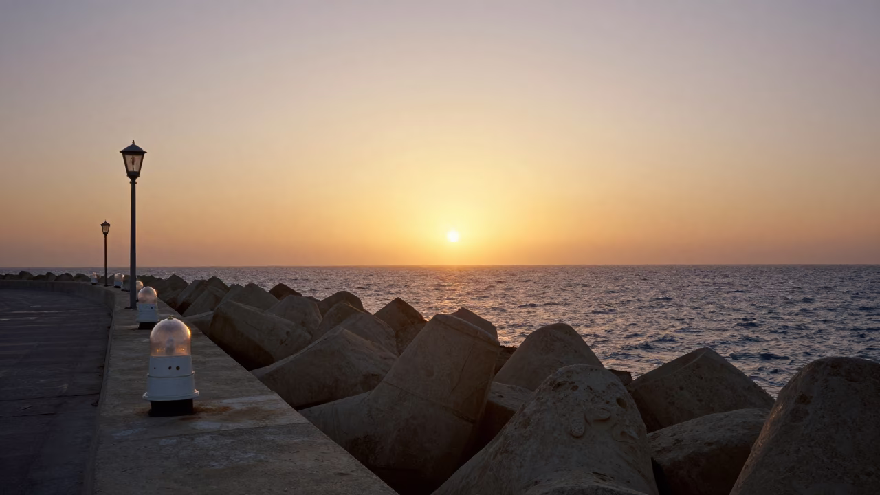 Alexandria Egypt Sunset Coastal Breakwater with Warning Beacons and Mediterranean Sea View in in Alexandria, Egypt