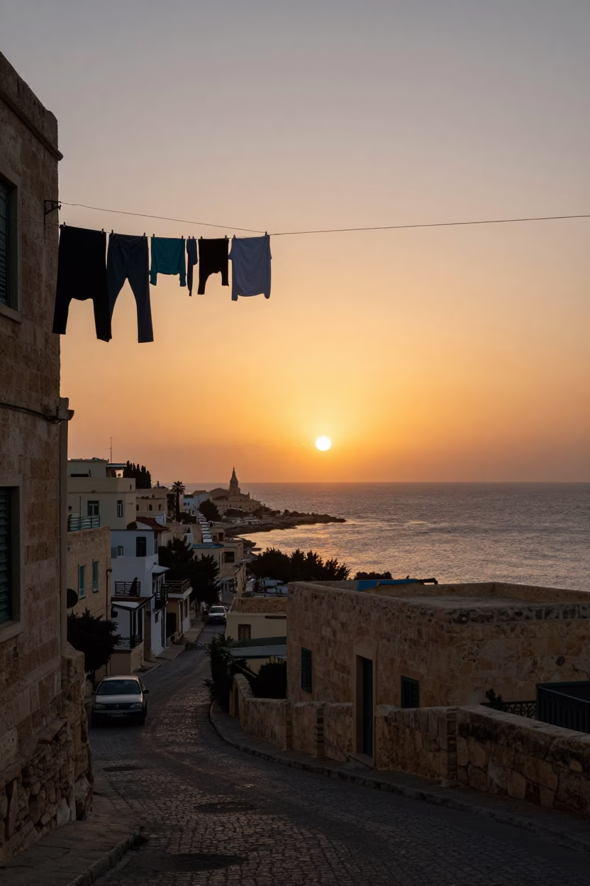 Alexandria Egypt Sunset Coastline with Hanging Laundry and Coastal Architecture in in Alexandria, Egypt