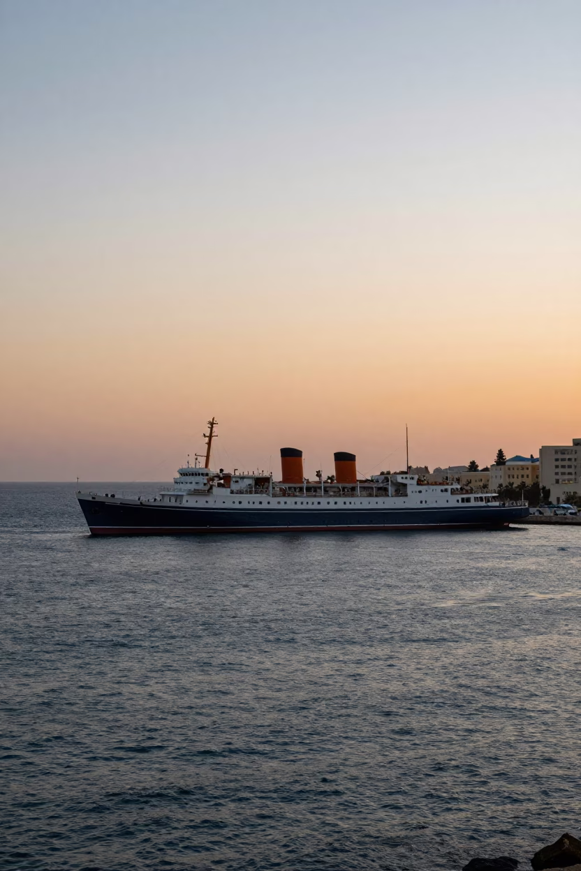 Alexandria Egypt sunset harbor scene with listing steamship and coastal architecture in in Alexandria, Egypt