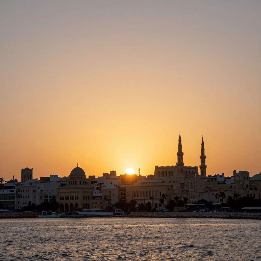 Alexandria Egypt Sunset Harbor View with Ottoman Architecture and Mediterranean Sea in in Alexandria, Egypt