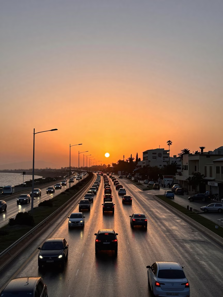 Alexandria Egypt Sunset Overpass Traffic Taillights After Rain in in Alexandria, Egypt