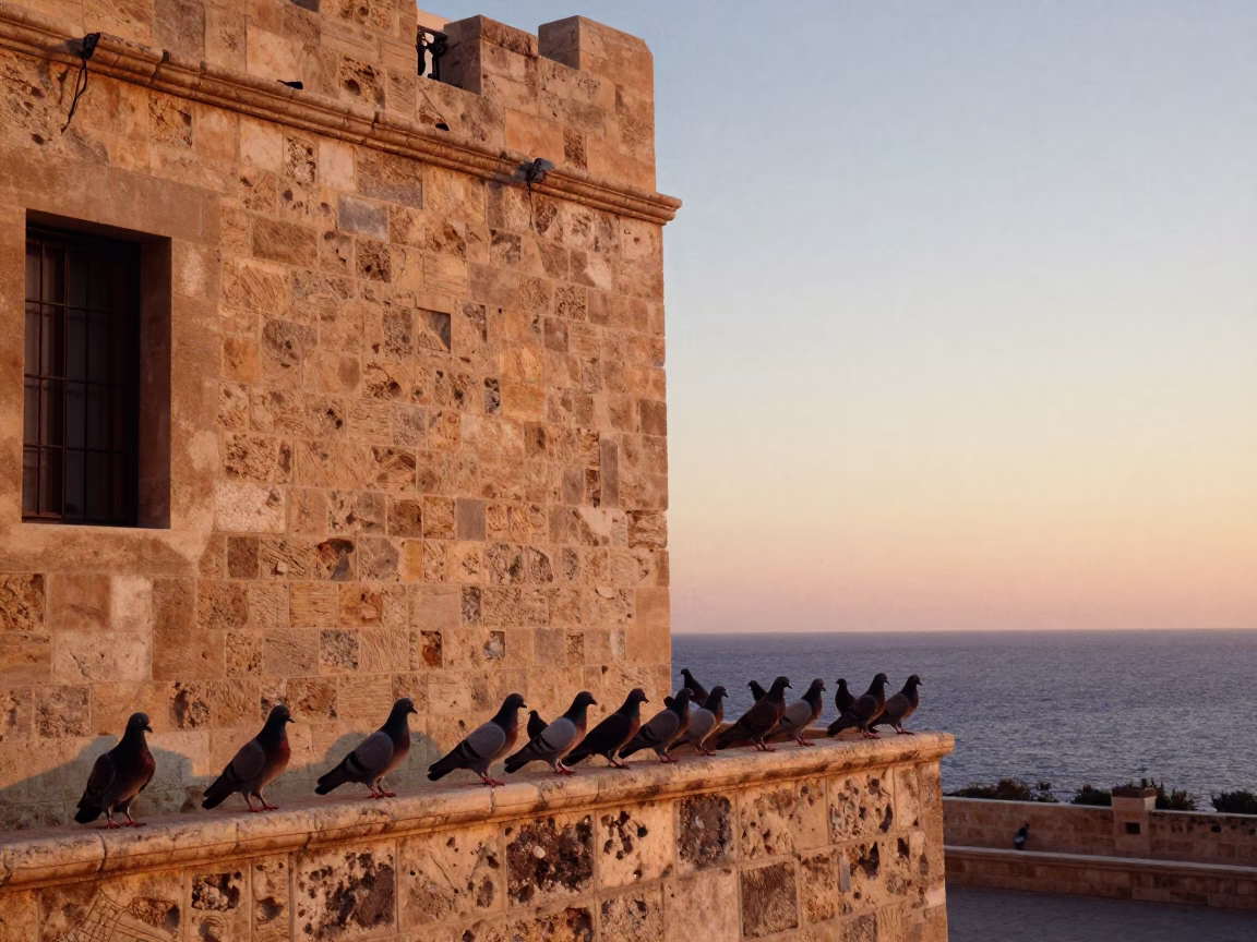 Alexandria Egypt sunset pigeons on historic stone facade near Mediterranean harbor in in Alexandria, Egypt