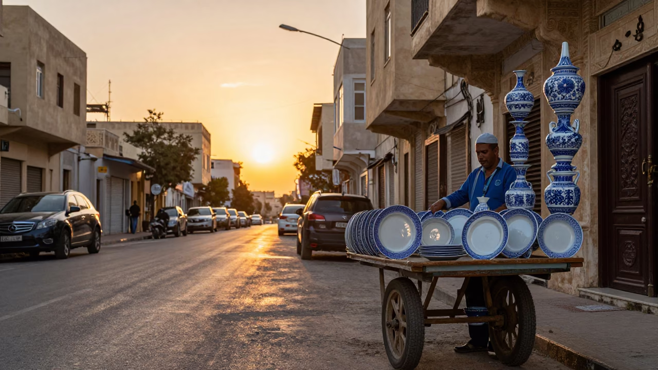 Alexandria Egypt Sunset Street Scene with Blue White Porcelain and Jacaranda Boulevard in in Alexandria, Egypt