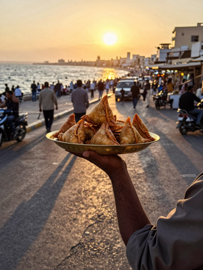 Alexandria Egypt Sunset Street Scene with Brass Samosa Plate and Latch Detail in in Alexandria, Egypt