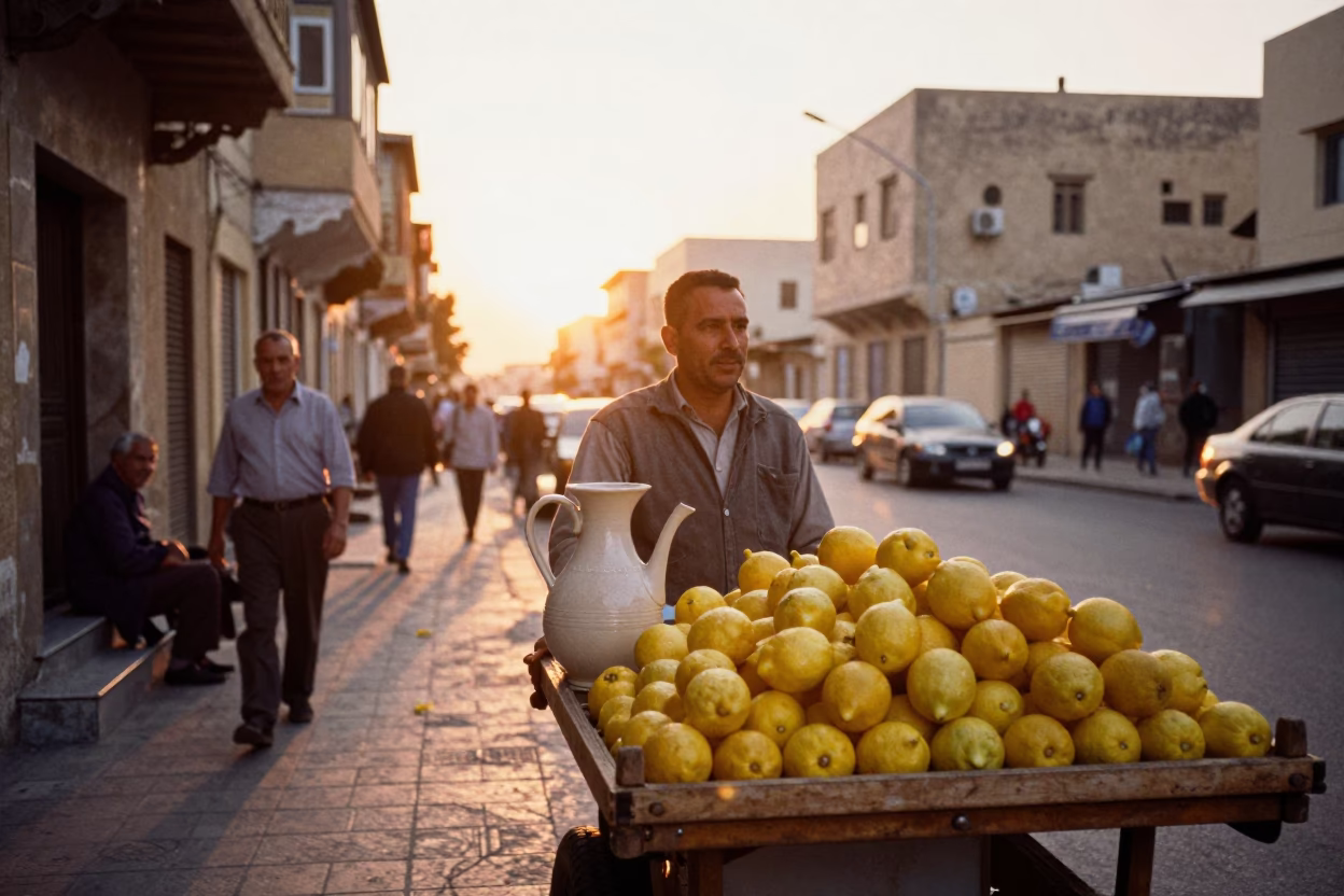 Alexandria Egypt Sunset Street Scene with Ceramic Pitcher and Lemons in in Alexandria, Egypt