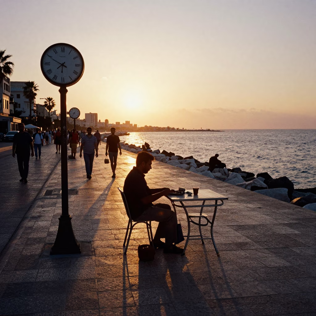 Alexandria Egypt Sunset Street Scene with Chess Clock and Turkish Coffee in in Alexandria, Egypt