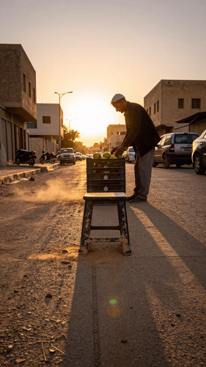 Alexandria Egypt Sunset Street Scene with Fruit Crate and Dusty Stool in in Alexandria, Egypt