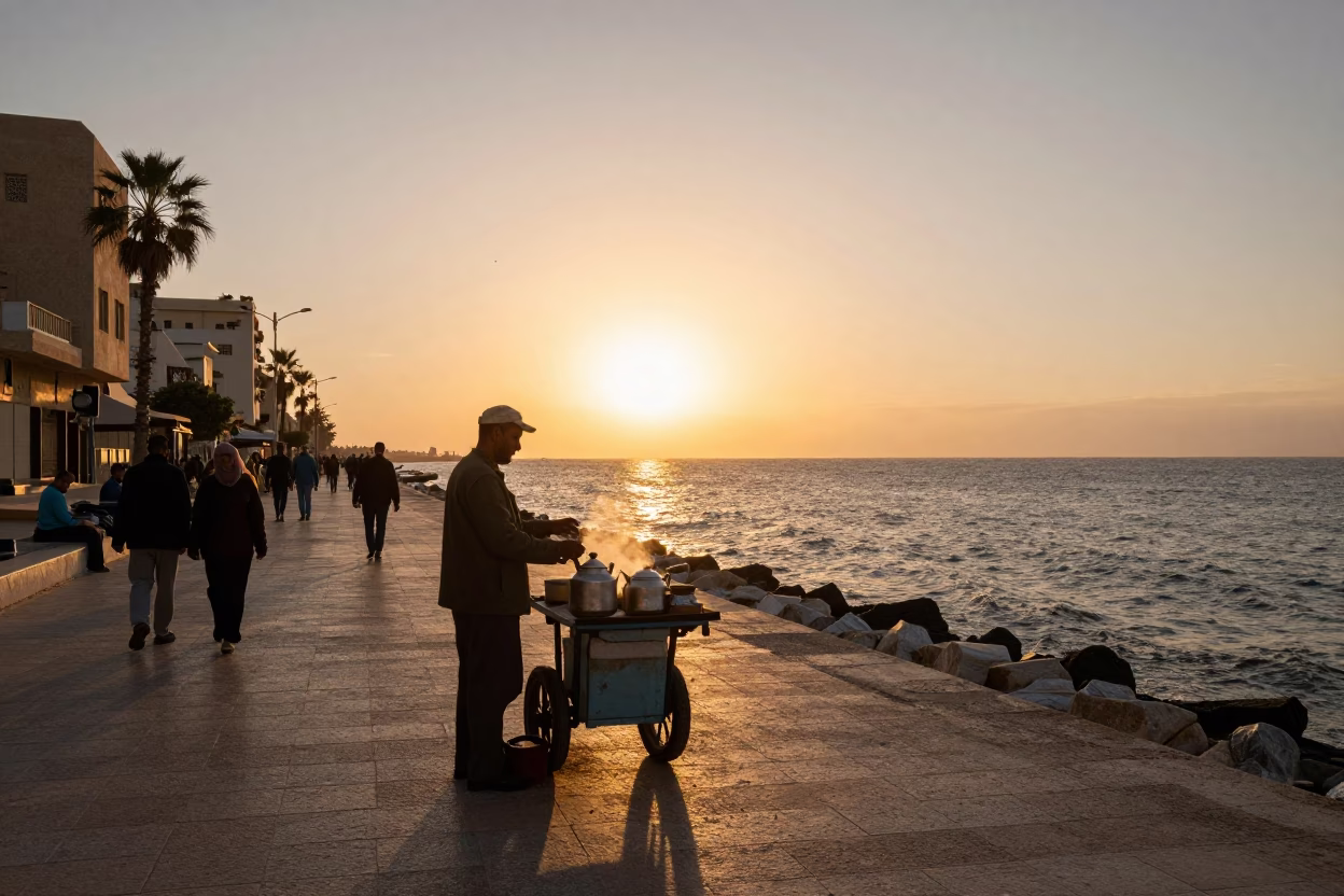 Alexandria Egypt Sunset Street Scene with Local Vendor and Traditional Kettle in in Alexandria, Egypt