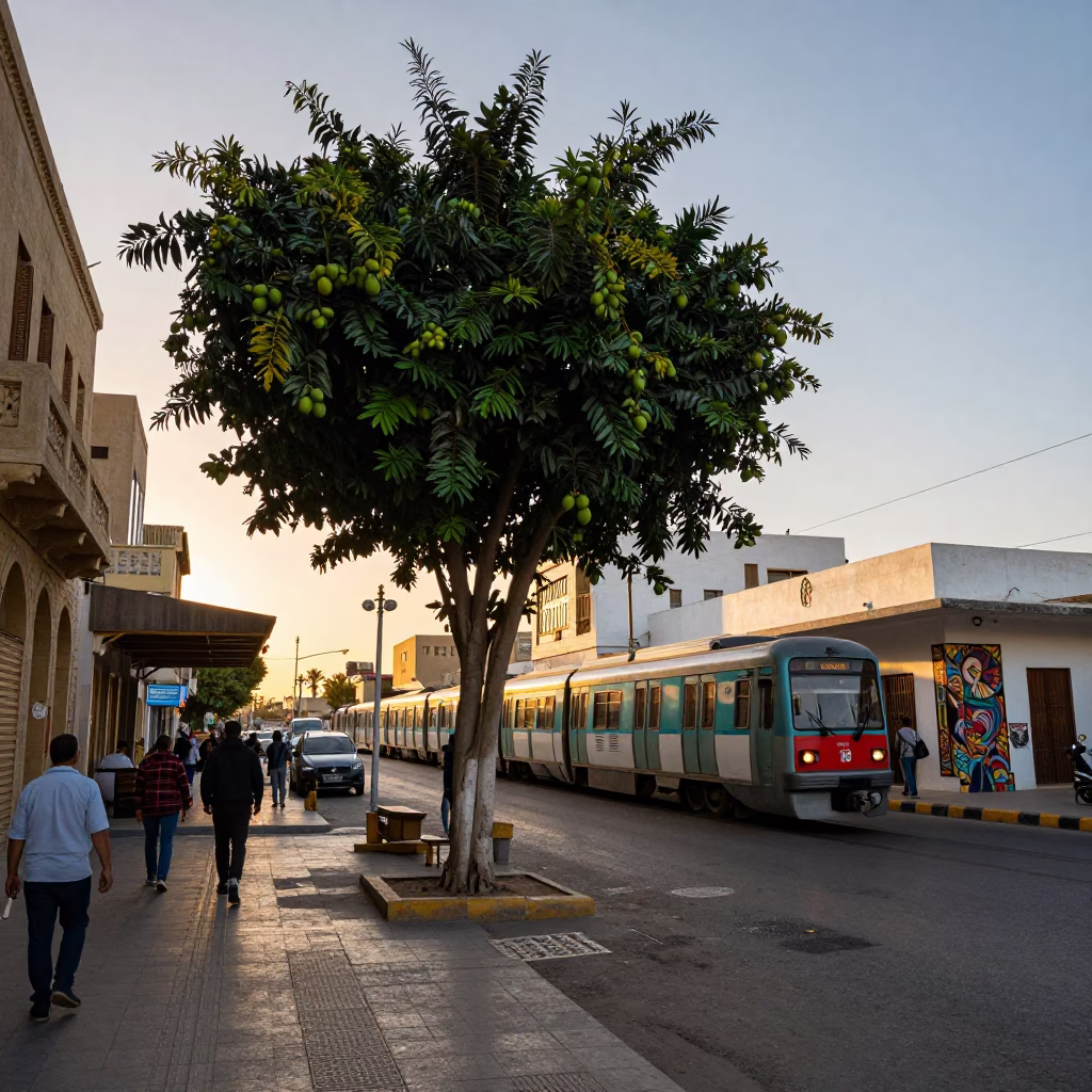 Alexandria Egypt Sunset Street Scene with Mango Tree and Local Activity in in Alexandria, Egypt