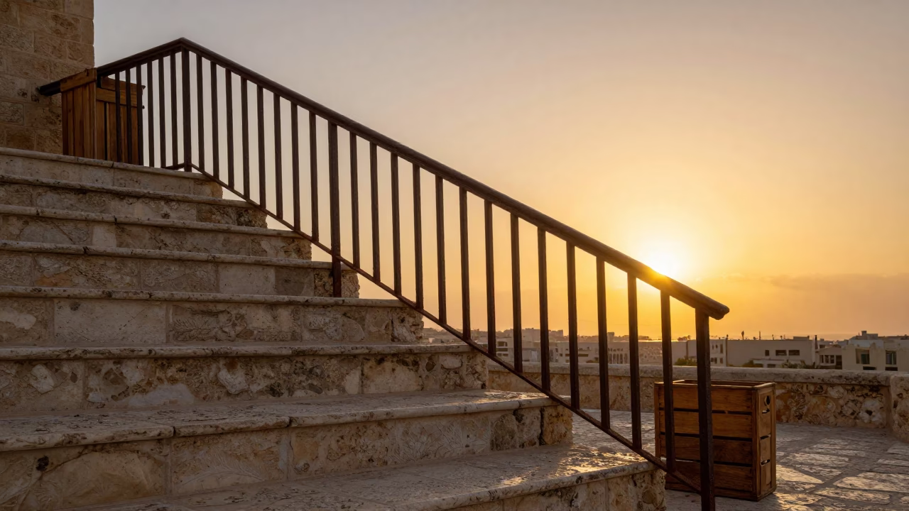 Alexandria Egypt Sunset Street Scene with Stair Rail and Wooden Crate in in Alexandria, Egypt