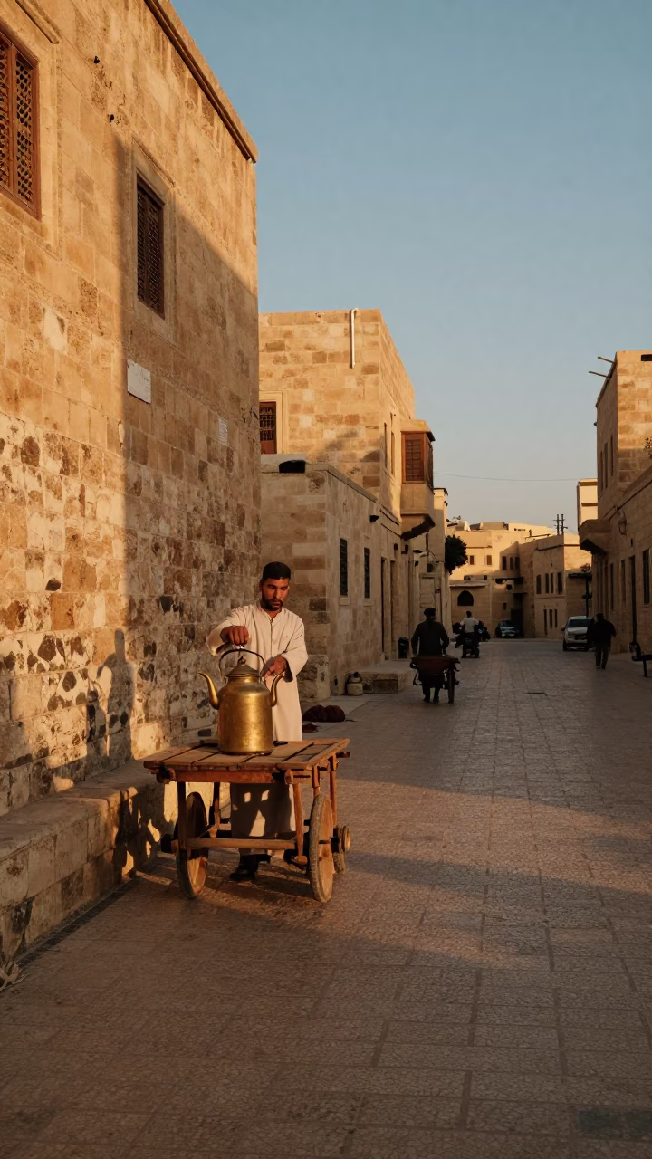 Alexandria Egypt Sunset Street Scene with Tea Kettle and Stone Architecture in in Alexandria, Egypt