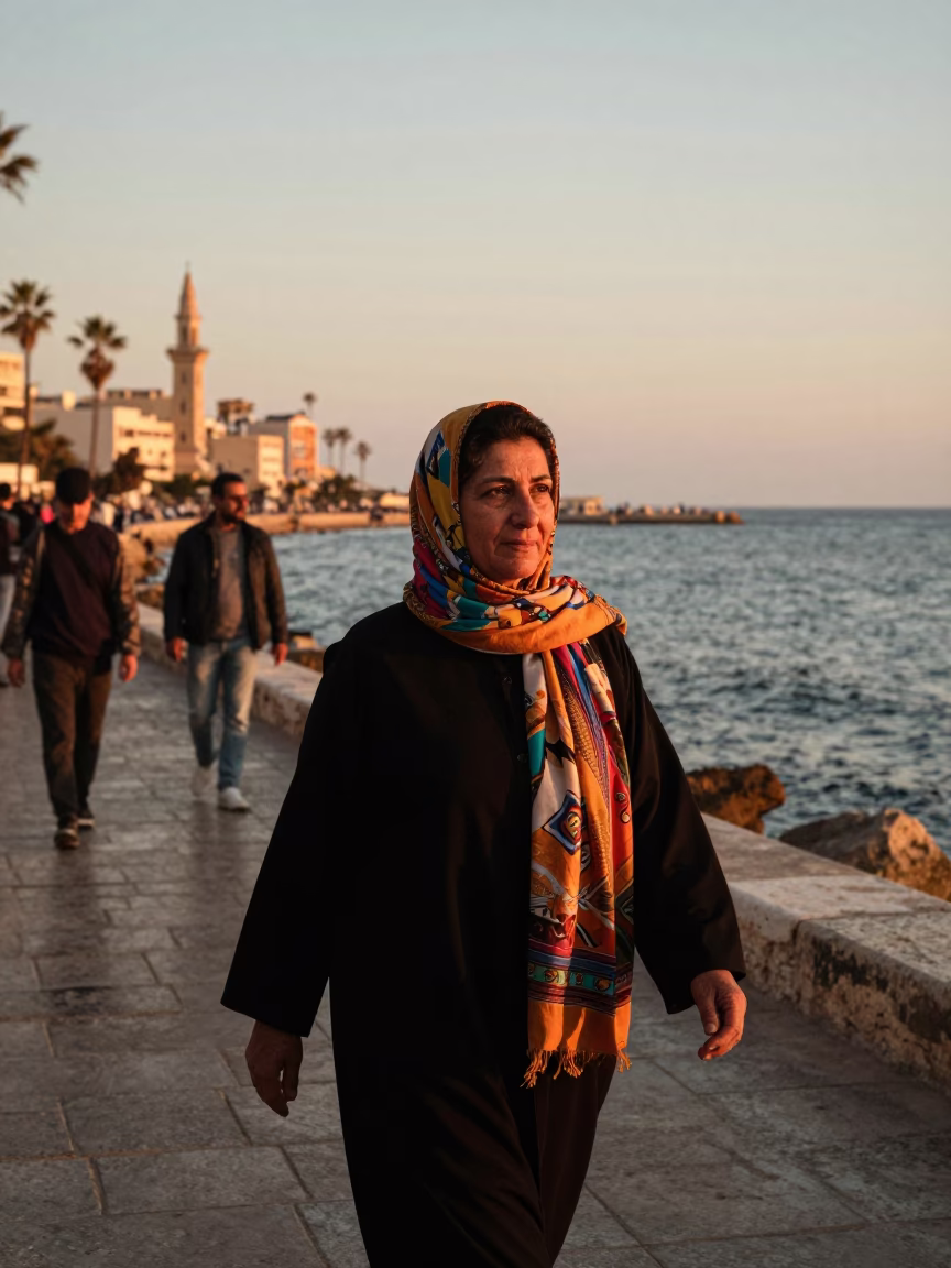 Alexandria Egypt Sunset Street Scene with Traditional Scarf and Coastal Water Details in in Alexandria, Egypt