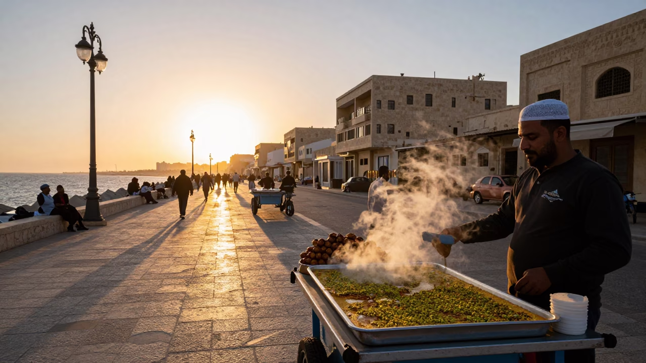Alexandria Egypt Sunset Street Scene with Traditional Sweets and Local Architecture in in Alexandria, Egypt