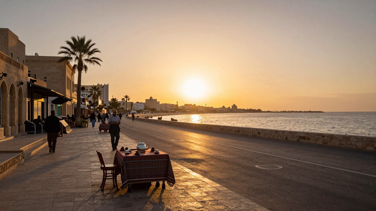 Alexandria Egypt Sunset Street Scene with Traditional Tea Service and Local Interaction in in Alexandria, Egypt