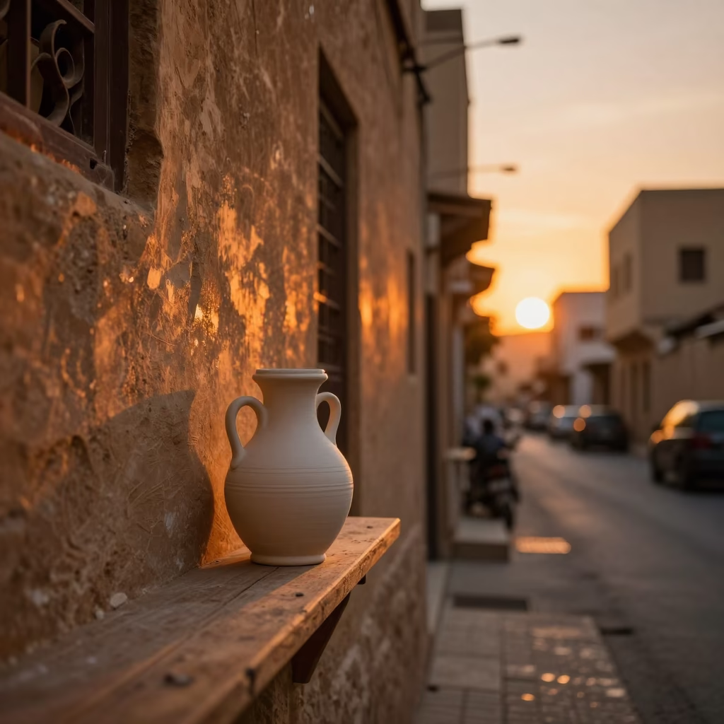Alexandria Egypt Sunset Street Scene with Utensil Crock and Plaster Wall Details in in Alexandria, Egypt