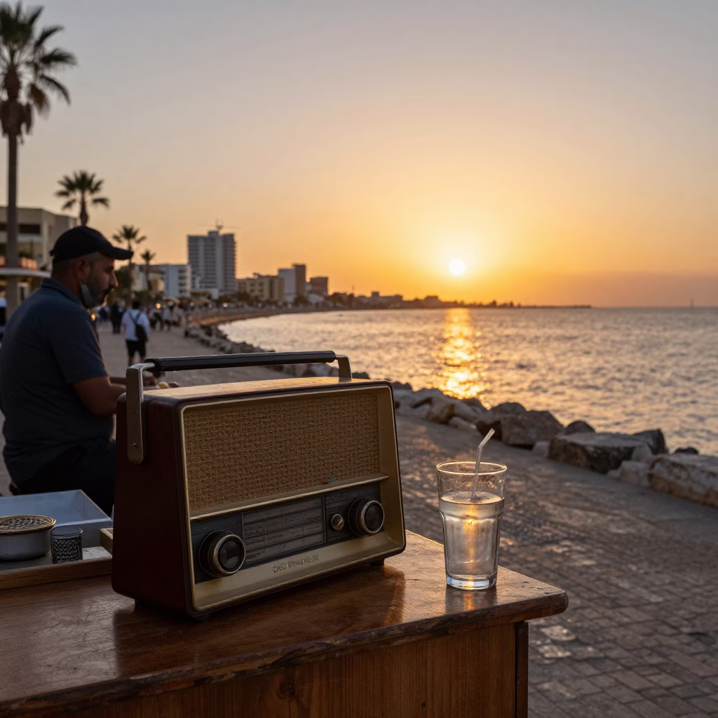 Alexandria Egypt Sunset Street Scene with Vintage Radio and Glass Carafe in in Alexandria, Egypt