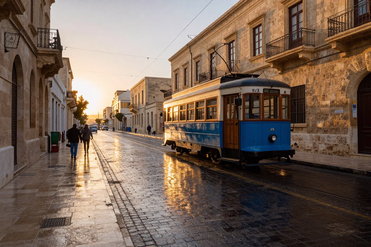 Alexandria Egypt Sunset Tram Reflection on Wet Cobblestone Street Scene in in Alexandria, Egypt