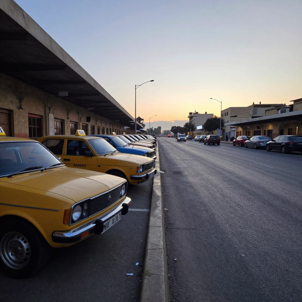 Alexandria Egypt Taxi Rank Outside Train Station Before Sunrise Realistic 1970s Photograph in in Alexandria, Egypt