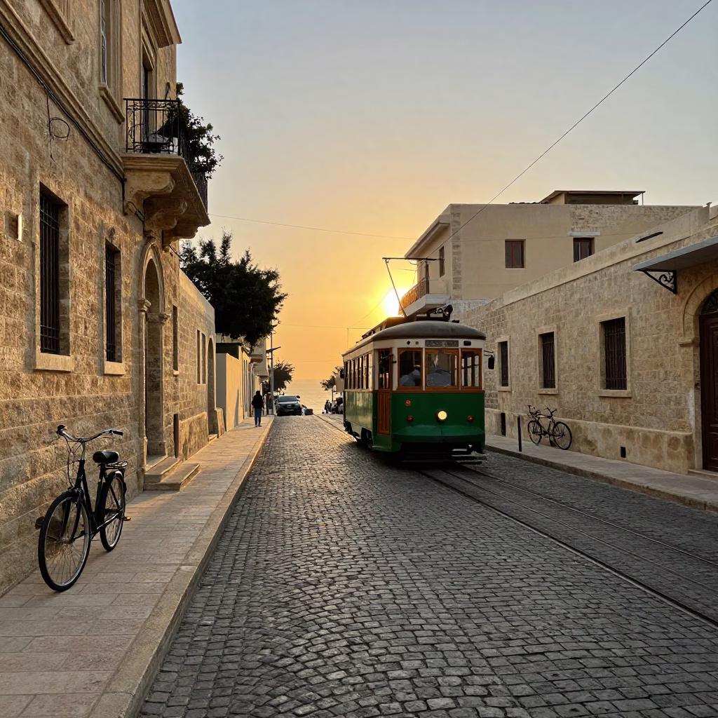 Alexandria Egypt Tram on Steep Hill at Sunset with Bicycle and Wall Smudges in in Alexandria, Egypt