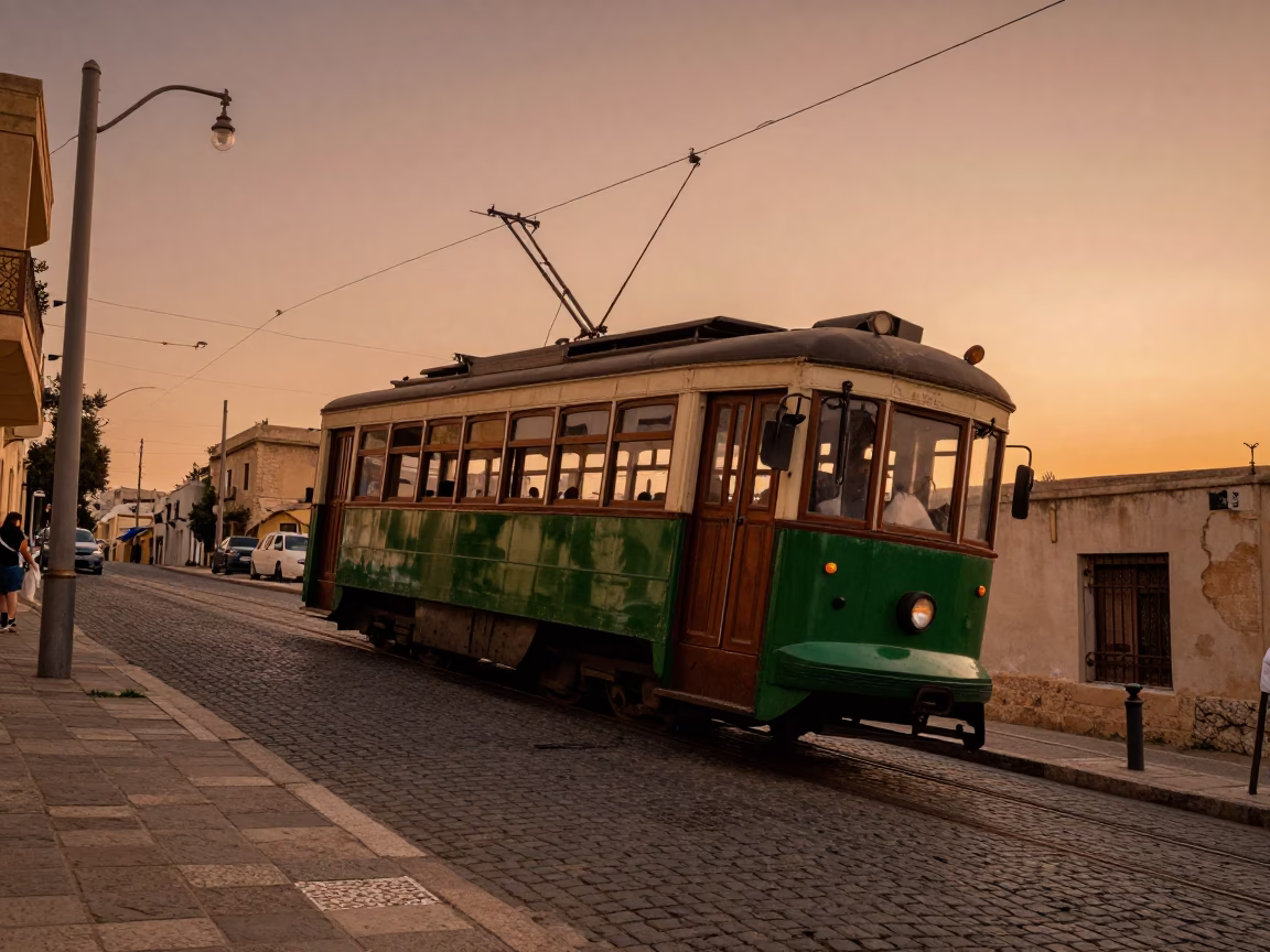Alexandria Egypt Tram Steep Hill Copper Dusk Street Scene in in Alexandria, Egypt