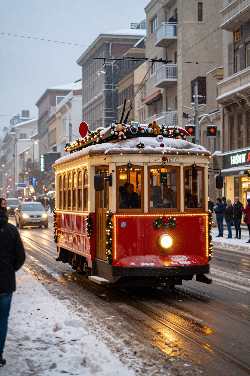 Alexandria Egypt Tramcar Decorated for Christmas Snowy Avenue City Lights Glow in in Alexandria, Egypt