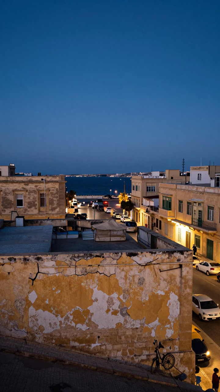 Alexandria Egypt Twilight Street Scene with Cracked Stucco and Harbor in in Alexandria, Egypt