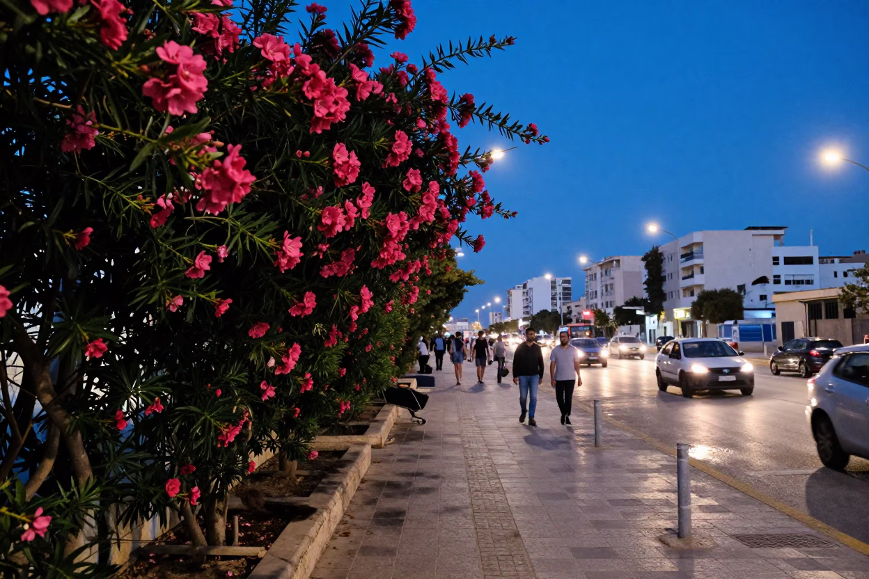 Alexandria Egypt Twilight Street Scene with Oleander Hedge and Commuter Train in in Alexandria, Egypt