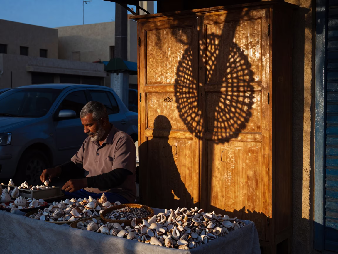 Alexandria Egypt Twilight Street Scene with Seashells and Wicker Shadow in in Alexandria, Egypt