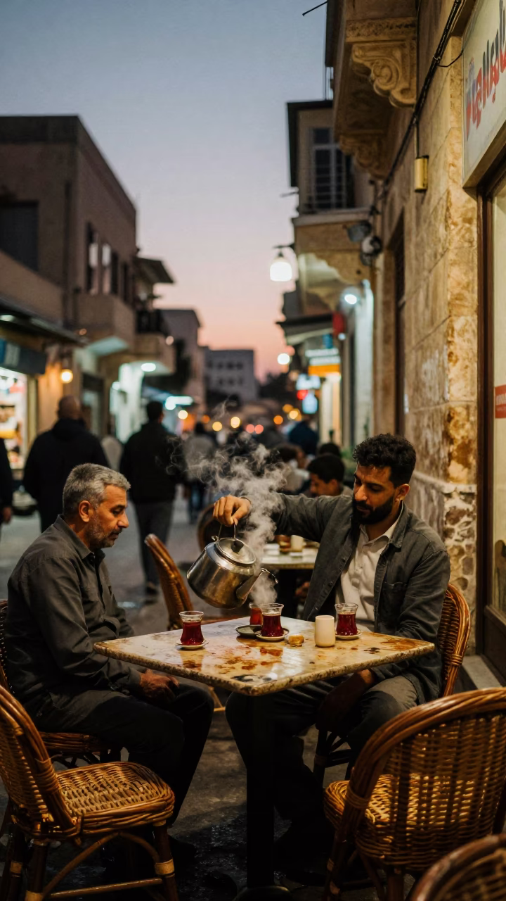 Alexandria Egypt Twilight Street Scene with Tea Stains and Wicker Shadows in in Alexandria, Egypt