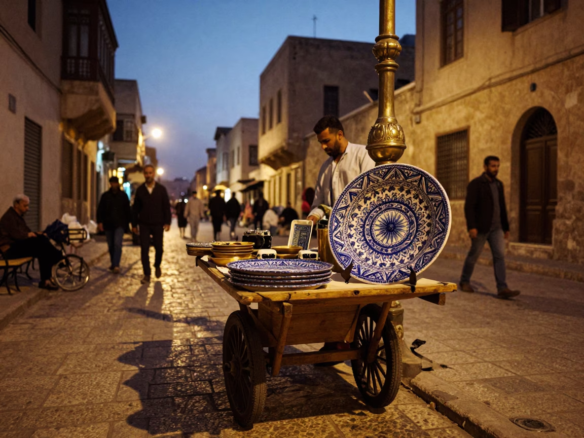Alexandria Egypt twilight street scene with vintage majolica plate and brass details in in Alexandria, Egypt