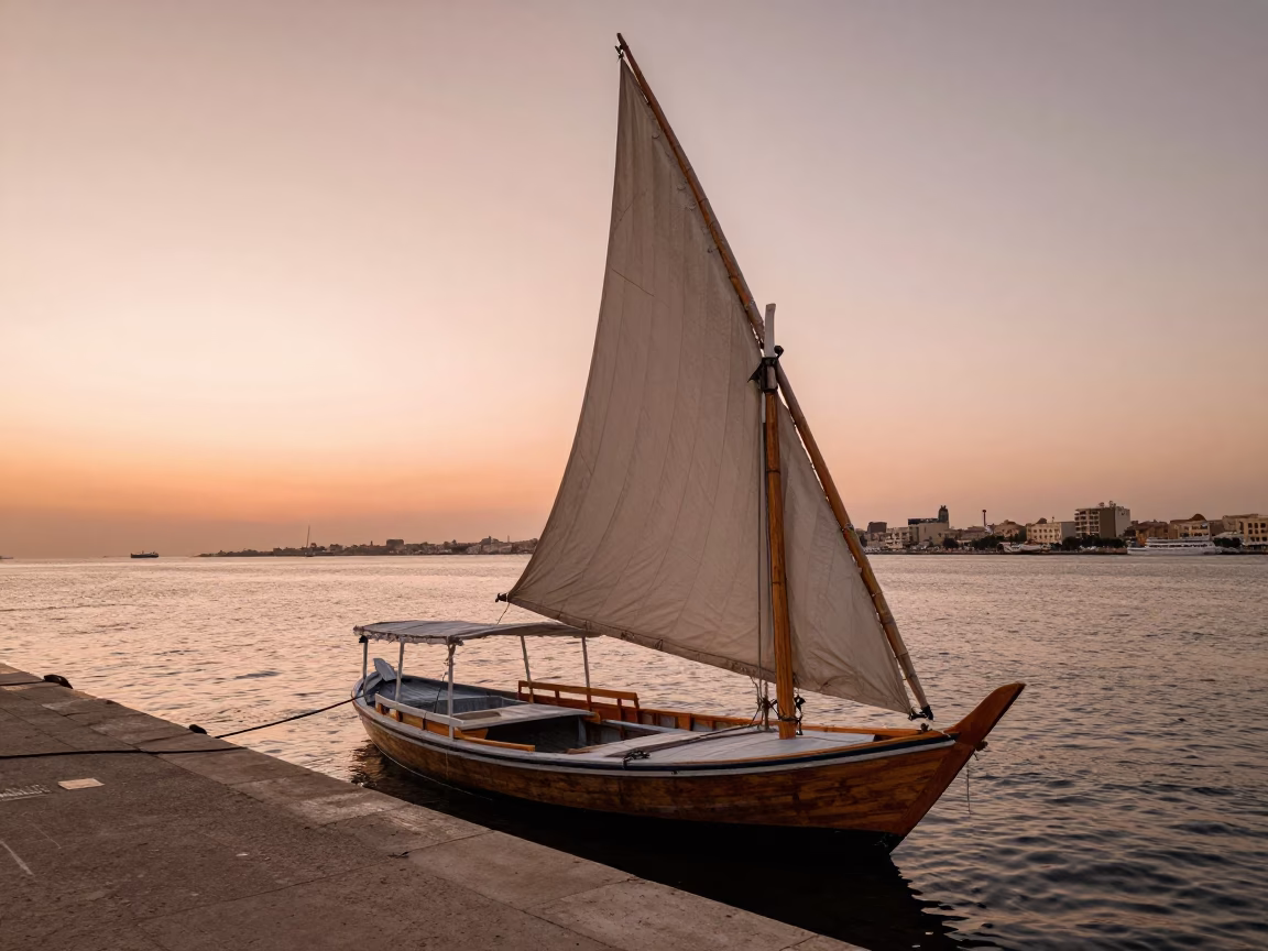 Alexandria Egypt waterfront at dusk with traditional wooden boat and historic architecture in in Alexandria, Egypt