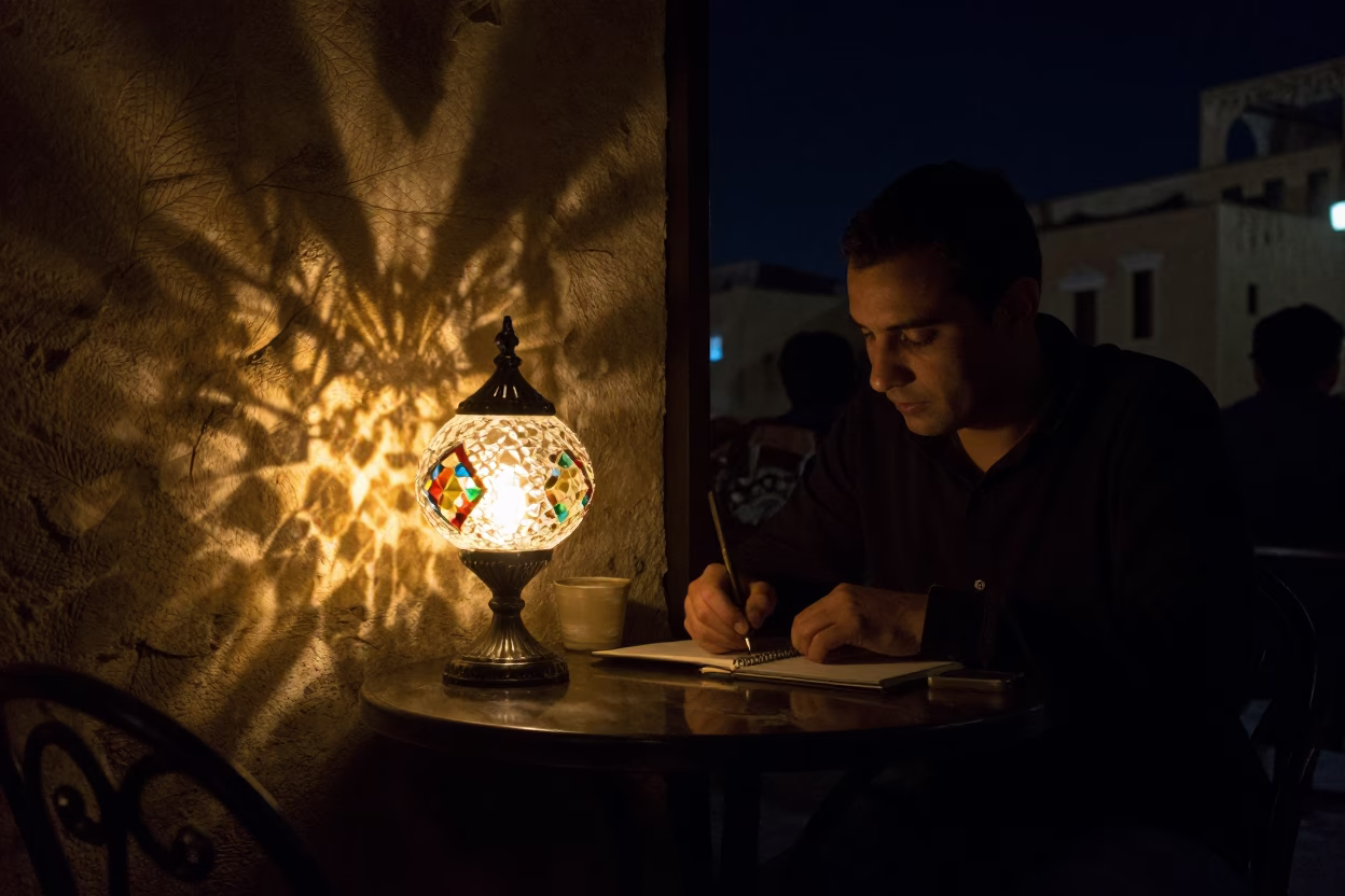 Alexandria Night Cafe Writer Faceted Glass Leaf Shadows Deep Sky in in Alexandria, Egypt