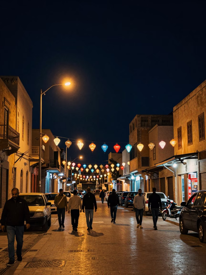 Alexandria Night Street Scene with Colorful Lanterns and Traditional Decor in in Alexandria, Egypt
