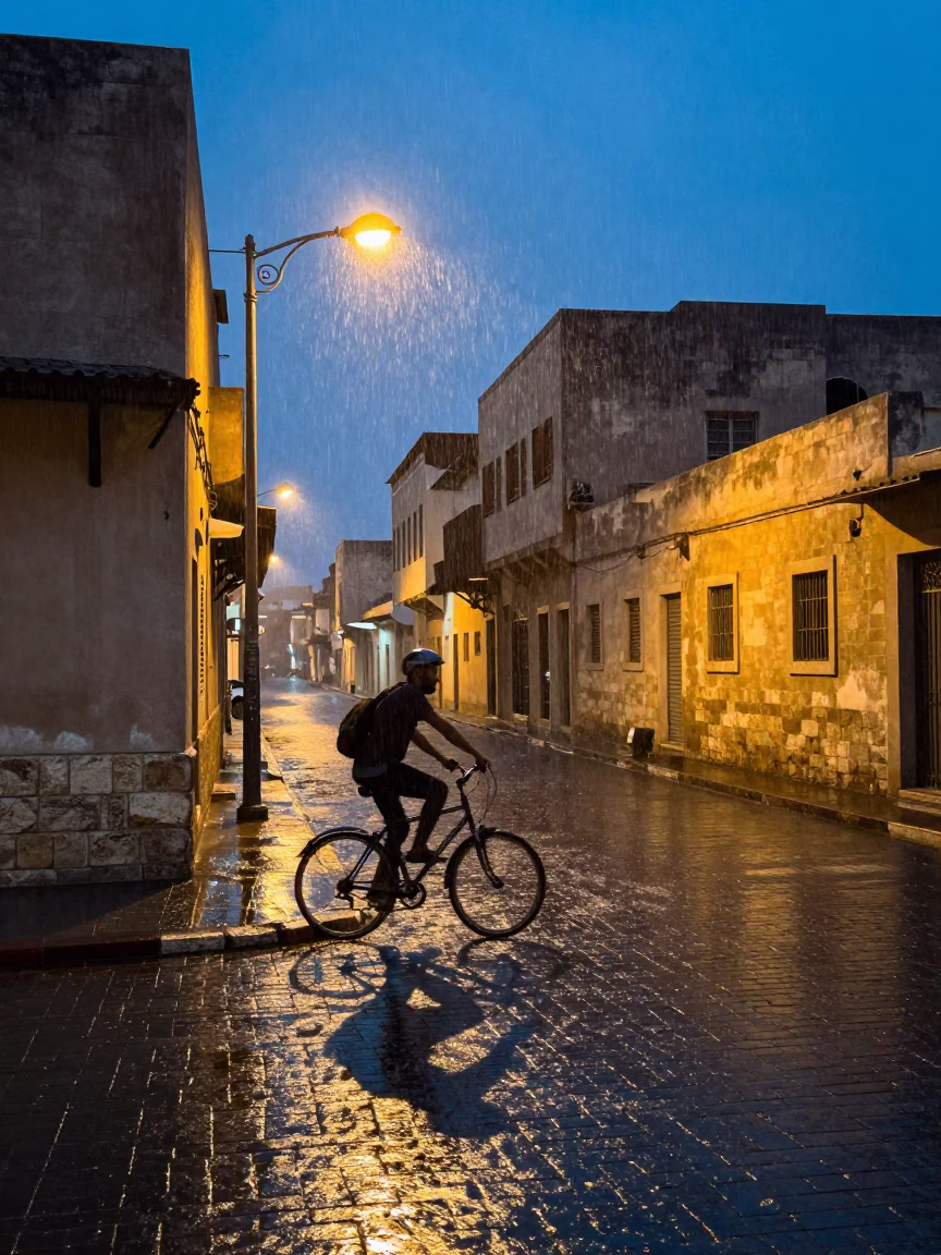 Alexandria street corner cyclist navigating light rain dusk in in Alexandria, Egypt