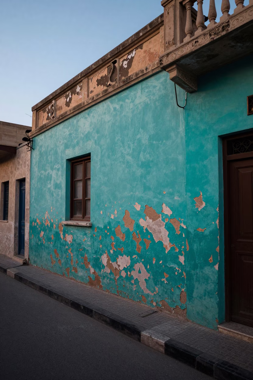 Alexandria street scene before sunrise with peeling turquoise paint in in Alexandria, Egypt