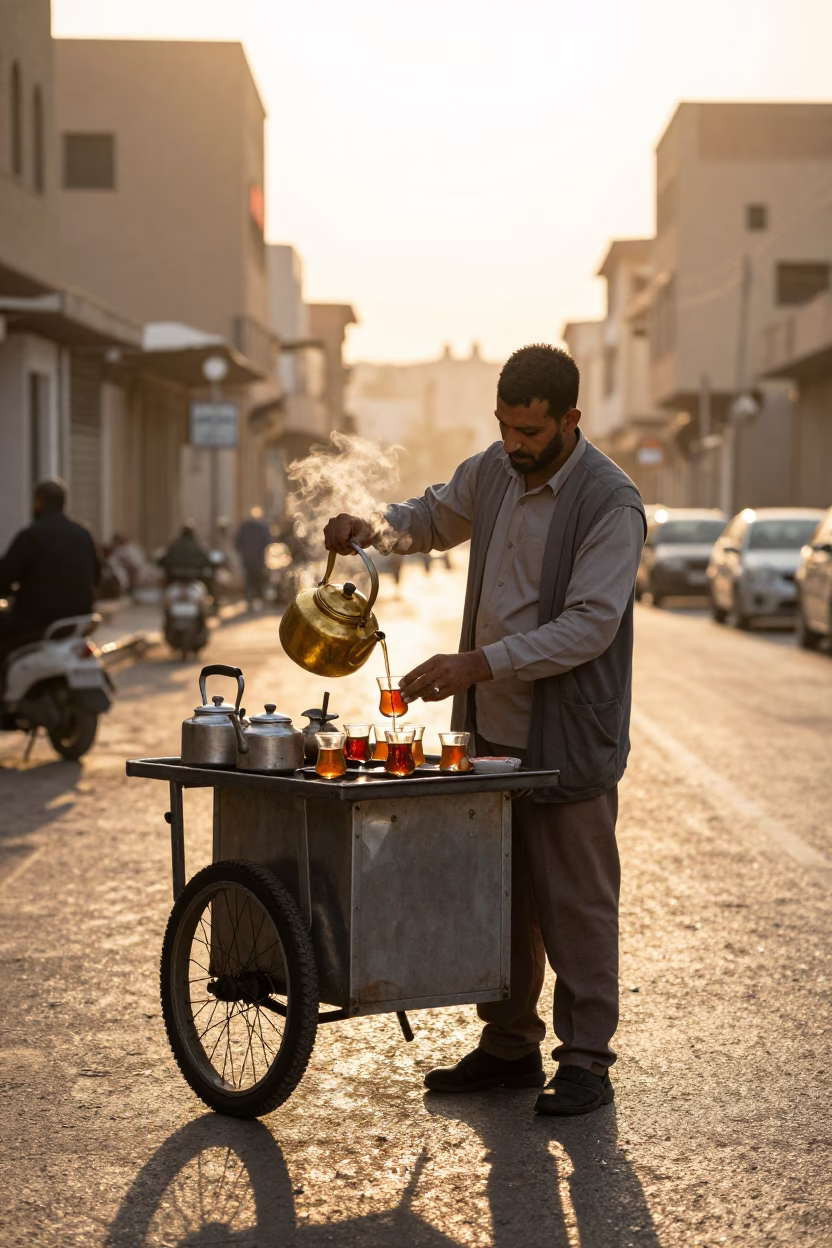 Alexandria street vendor preparing tea with kettles at sunrise in in Alexandria, Egypt